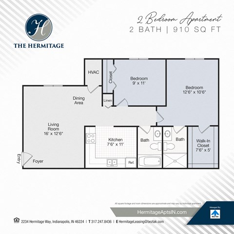 Floor plan for 2 beds, 2 baths, 910 sqft